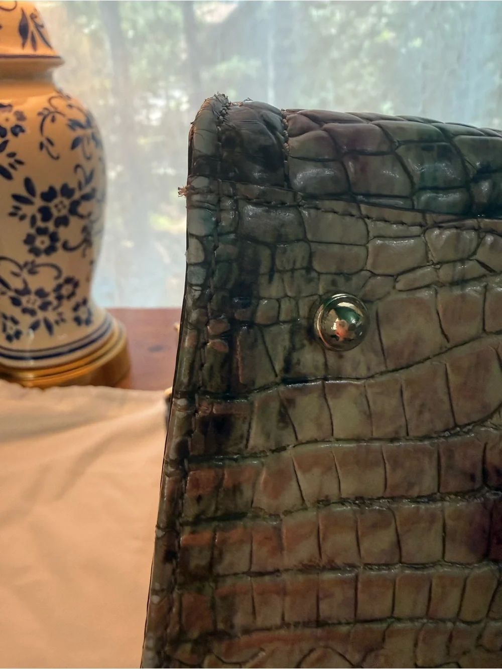 Brahmin Green and Mauve Croc-Embossed Satchel